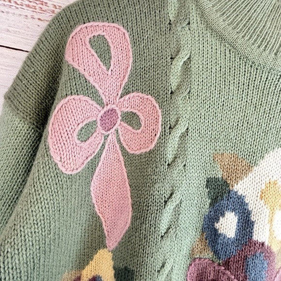 Vintage Sweater L Green Mockneck Long Twee Flowers Bows Fuzzy Embroidered Granny - Picture 2 of 8